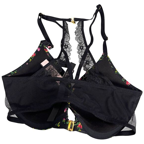 Victoria’s Secret very sexy uplift plunge lace racer back floral black bra 32D - Picture 5 of 7